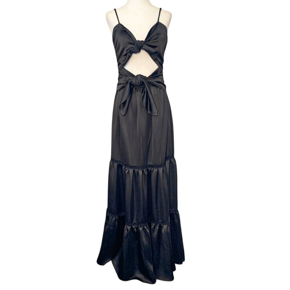 Jonathan Simkhai Tiered Cutout Bow Tie Midi Dress Black Spaghetti Strap M